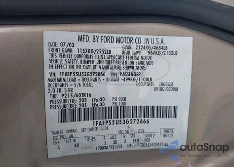 2003 Ford Taurus Ses из США, поврежденный, VIN 1FAFP55U53G272866